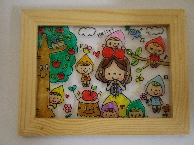 ★NO.L78★Stained glass style/2L size/Snow White/Seven Dwarfs/Forest/Picture book/Fairy tale/Apple/Illustration/Handmade/Decoration/Girl/Princess, handmade works, interior, miscellaneous goods, ornament, object