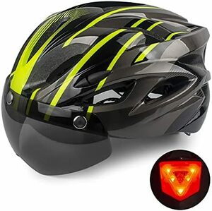 【残りわずか】 ヘルメット 大人用 ロードバイクヘルメット 自転車 通勤用ヘルメット ライト ゴーグル付 通気性 ブラックグリーン