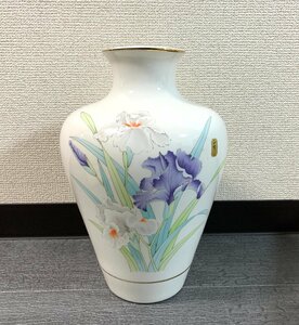 □●西峰造 古伊万里 花瓶 アヤメ 花器 花入 花生 陶器 共箱(S0107)