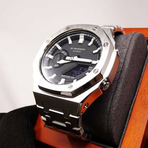 送料無料・新品・Gショックカスタム本体付きGA2100海外オールステンレス製シルバーベゼルベルトモデルメンズ腕時計・カシオーク