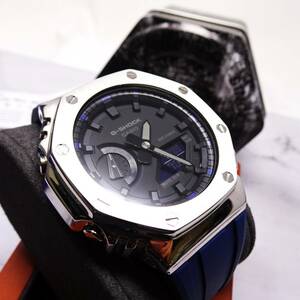 送料無料・新品・Gショックカスタム本体付きGA2100海外ステンレス製ベゼル＆ブルーシリコンラバーストラップベルトモデルメンズ腕時計