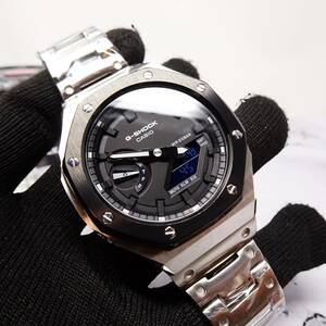 送料無料・新品・Gショックカスタム本体付きGA2100海外オールステンレス製ツートンカラーベゼルベルトモデルメンズ腕時計・カシオーク