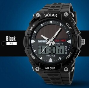 メンズ 腕時計 デジタル アナログ 両表示 ブラック ソーラーパネル充電 夜光ELライト 3針 防水 新品 未使用 送料無料 クォーツ アウトドア
