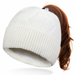 OZERO ニット帽 レディース ポニーテール穴付 ホワイト フリーサイズ