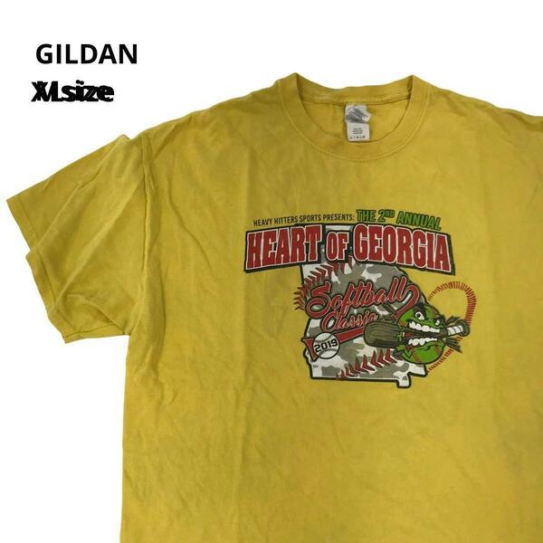 GILDAN 半袖Tシャツ ベースボールプリント黄色メンズXL　c5