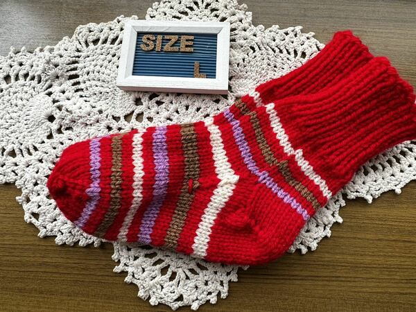 母の手編み靴下(ルームソックス)24～26cm　●アクリル極太●赤