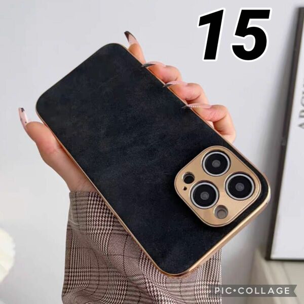 iPhone15ケース 黒 シンプル カバー 韓国 無地 レザー 高級感
