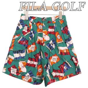 FILA GOLF フィラゴルフ 総柄 ショートパンツ フラッグ柄 ロゴ タック ジッパーフライ グリーン 緑 62サイズ