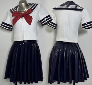 超光沢 セーラー風トップス、プリーツスカート 学生制服 仮装 キャバ嬢 コスチューム 上下セット(ホワイト×ネイビー)ＸＬ