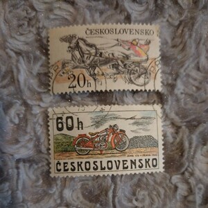 チェコスロバキア 切手 2枚セット ☆ CESKOSLOVENSKO ☆ 馬 馬車 レース バイク オートバイ