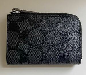 B4A109◆ コーチ COACH PVC 本革レザー グレー×ブラック色 シグネチャー キーリング付き L字ファスナー開閉 小銭入れ コインケース