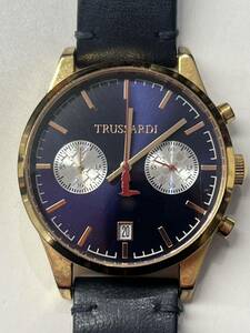 A4A002◆ トラサルディ TRUSSARDI クロノグラフ 紺色文字盤 革ベルト 腕時計 