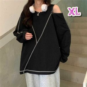 ブラック XL トップス ロンT 長袖Tシャツ ショルダーカット チャック付き オープンショルダー 体型カバー 長袖 シンプル