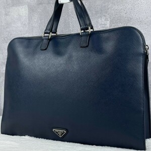 1円~ 極美品 PRADA プラダ A4 通勤 通学 書類 メンズ ブリーフケース ビジネスバッグ ハンド 三角プレート オールレザー サフィアーノ 紺色