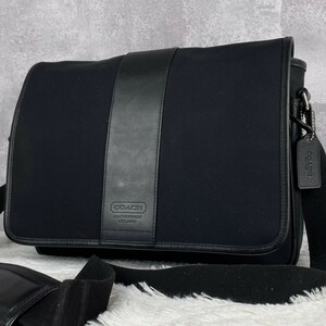 1円~ 極美品 COACH コーチ A4 通勤 通学 書類 メンズ ショルダーバッグ メッセンジャーバッグ フラップ 斜め掛け キャンバス レザー 黒