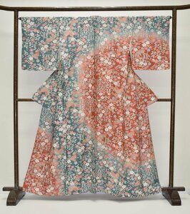 【ちどりや】美品 正絹 訪問着 袷 広衿 身丈160cm/裄66cm L寸 お洒落八掛付 花暖簾 花扇面 辻が花 鉛丹色×濃深川鼠 躾付 B261