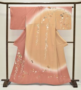 【ちどりや】美品 正絹 訪問着 袷 広衿 身丈162.5cm/裄64cm 紗綾形地紋 枝垂れ桜 蝶々 金駒刺繍 洗朱 B288