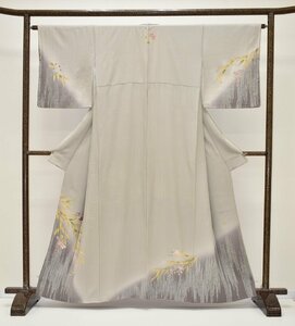 【ちどりや】美品 正絹 付下げ 袷 広衿 身丈160.5cm/裄64cm 友禅加工 変わりたて縞 お洒落花刺繍 裾暈し 灰汁色 作家物 落款有 B289