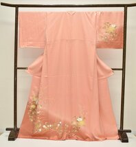 【ちどりや】未使用品 美品 正絹 付下げ 袷 広衿 身丈169.5cm/裄69cm TL寸 紗綾形地紋 金彩加工 四季の花 流水 オシドリ 宍色 躾付 B100_画像1