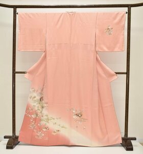 【ちどりや】美品 正絹 付下げ 袷 広衿 身丈165cm/裄65.5cm TL寸 金彩加工 扇面 桜花 裾暈し 宍色 B95