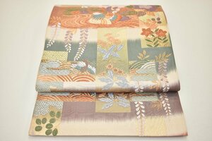 【ちどりや】美品 正絹 六通柄 袋帯 フォーマル 唐織風 四季の花 オシドリ 刺繍 蜜陀僧×金糸 G289