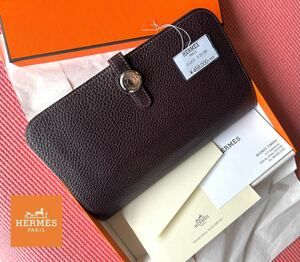 HERMES 鑑定済 45.8万円 使用感少なめ！超美品　エルメス　ドゴンGM プルーン　□L刻印　コインケース付属