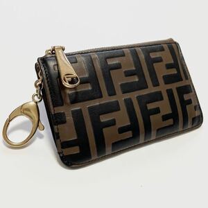 ★FENDI フェンディ ズッカ柄 コインケース カード入れ キーチェーン レザー ブラウン【鑑定済み 本物保証】