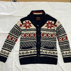 USED品☆ビームス BEAMS カウチンセーター トリコロール ショールカラー クルミボタン 雪柄 ノルディック柄 L ニットカーディガン