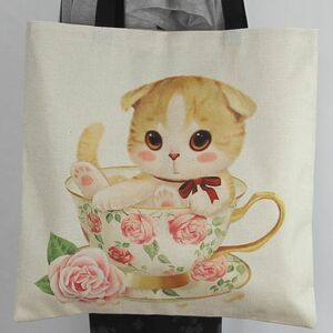 ★猫好きのためのトレンディナトートバッグ 猫柄グ ネコ柄ショルダーバッグ 軽量 エコバッグ マグカップの中の薔薇ねこ レディース BA33