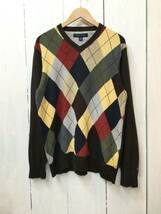 TOMMY HILFIGER トミーヒルフィガー コットンニット セーター Vネック ニット 袖ロゴ メンズS 良品綺麗_画像2