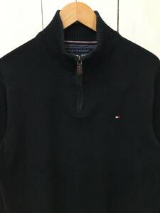 TOMMY HILFIGER トミーヒルフィガー ハーフジップ コットンニット セーター 胸ロゴ メンズL 黒 良品 