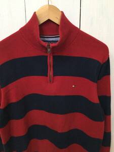 TOMMY HILFIGER トミーヒルフィガー コットンニット セーター ハーフジップ ニット 胸ロゴ ボーダー メンズL 良品綺麗