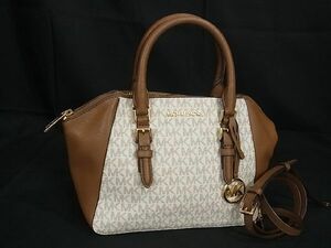 1円 ■美品■ MICHAEL KORS マイケルコース MK柄 PVC×レザー 2WAY ハンドバッグ トート ショルダー ホワイト系×ブラウン系 BH0445