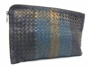 1円 BOTTEGA VENETA ボッテガヴェネタ イントレチャート レザー クラッチバッグ セカンドバッグ メンズ ブラック系×ネイビー系 AW0955