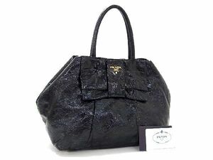 1円 ■美品■ PRADA プラダ パテントレザー リボン ハンドバッグ レディース ブラック系 CD0953