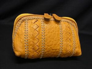 1円 ■美品■ BOTTEGA VENETA ボッテガヴェネタ レザー メイクポーチ 小物入れ マルチケース マスタード AV4317