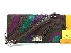 1円 ■美品■ ETRO エトロ オーストリッチ型押しレザー×クロコダイル型押しレザー パッチワーク ショルダーバッグ マルチカラー BH0542