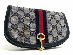 1円 GUCCI グッチ オールドグッチ ヴィンテージ シェリーライン ホースビット GGキャンバス 二つ折り 財布 ウォレット ネイビー系 AS5685