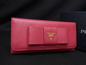 1円 PRADA プラダ サフィアーノレザー 二つ折り リボン 長財布 ウォレット 小銭入れ 札入れ レディース ピンク系 AS5799