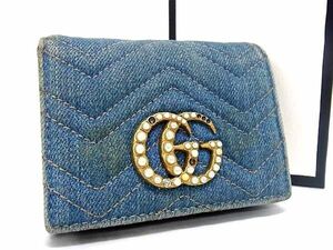 1円 GUCCI グッチ 466492GGマーモント デニム 二つ折り 財布 ウォレット レディース メンズ ライトブルー系 AW0840