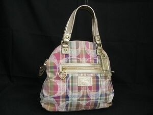 1円 ■美品■ COACH コーチ F23541 シグネチャー キャンバス チェック ハンドバッグ トート レディース マルチカラー×ゴールド系 AS5580