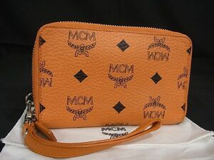 1円 ■美品■ MCM エムシーエム モノグラム ヴィセトス柄 レザー ラウンドファスナー 財布 ウォレット レディース オレンジ系 AU6377