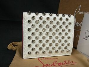 1円■美品■ ChristianLouboutin クリスチャンルブタン マカロン スパイクスタッズ レザー 二つ折り 財布 ウォレット アイボリー系 BH1042