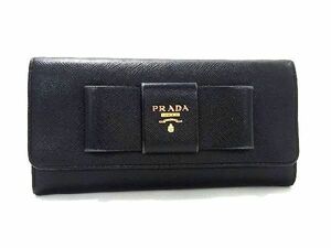 1円 ■美品■ PRADA プラダ サフィアーノレザー リボン 二つ折り 長財布 ウォレット レディース ブラック系 AU8215