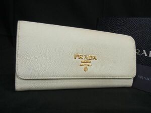 1円 PRADA プラダ 1MH132 サフィアーノレザー 二つ折り 長財布 ウォレット レディース アイボリー系 AU8385