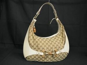 1円 ■美品■ GUCCI グッチ 152468 バンブー ホースビット GG柄 GGキャンバス×レザー ショルダーバッグ 肩掛けかばん ベージュ系 AT7461