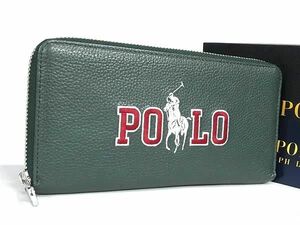 1円 ■新品同様■ POLO RALPH LAUREN ポロラルフローレン レザー ラウンドファスナー 長財布 ウォレット グリーン系 AU8066