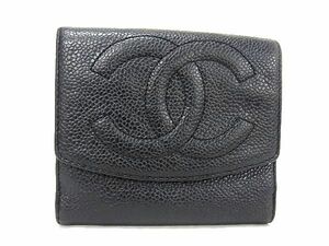 1円 ■美品■ CHANEL シャネル ココマーク キャビアスキン 二つ折り 財布 ウォレット 小銭入れ 札入れ ブラック系 AU8728