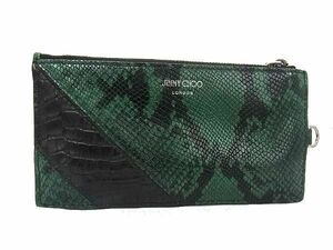 1円 ■美品■ JIMMY CHOO ジミーチュウ パイソン型押しレザー フラグメントケース コインケース カードケース グリーン系 AU8077