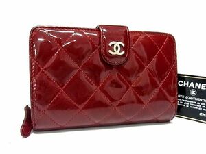 1円 CHANEL シャネル ココマーク マトラッセ パテントレザー 二つ折り 財布 ウォレット 小銭入れ レディース レッド系 AU7950